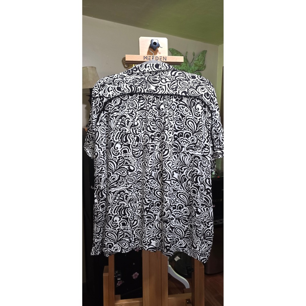 Umgee USA Women Black White Paisley Button Up Blouse Frayed Trim Size M